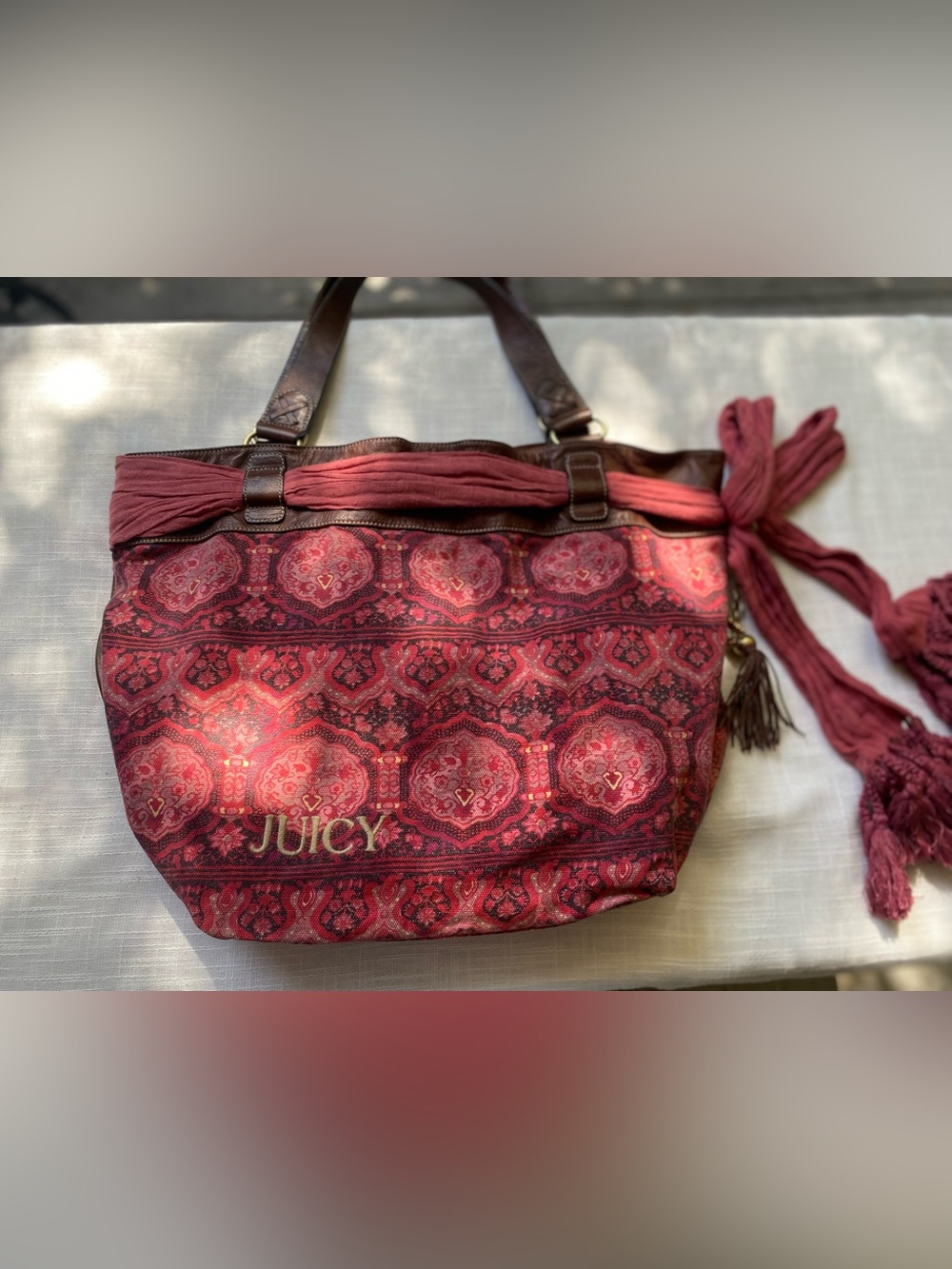Y2K Juicy Couture Burgundy Paisley Tote with Scarf Butterfly Charm Leather Trim